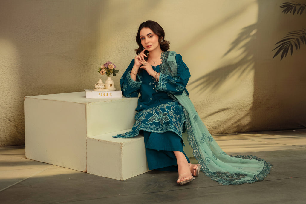 3-Piece Embroided Premium Lawn Suit With Embroided Chiffon CutWork Dupatta-M1