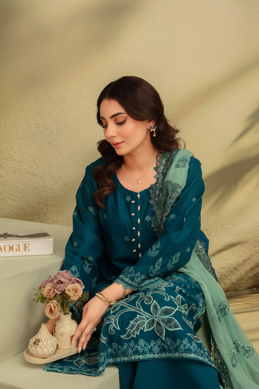 3-Piece Embroided Premium Lawn Suit With Embroided Chiffon CutWork Dupatta-M1
