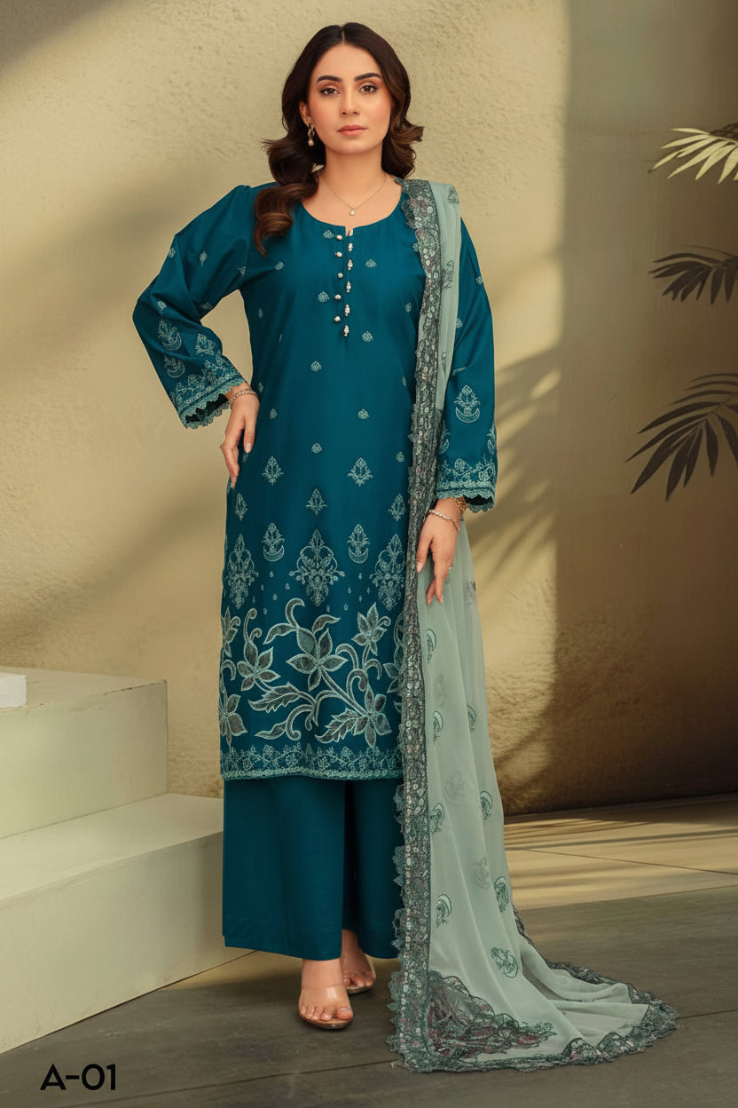 3-Piece Embroided Premium Lawn Suit With Embroided Chiffon CutWork Dupatta-M1
