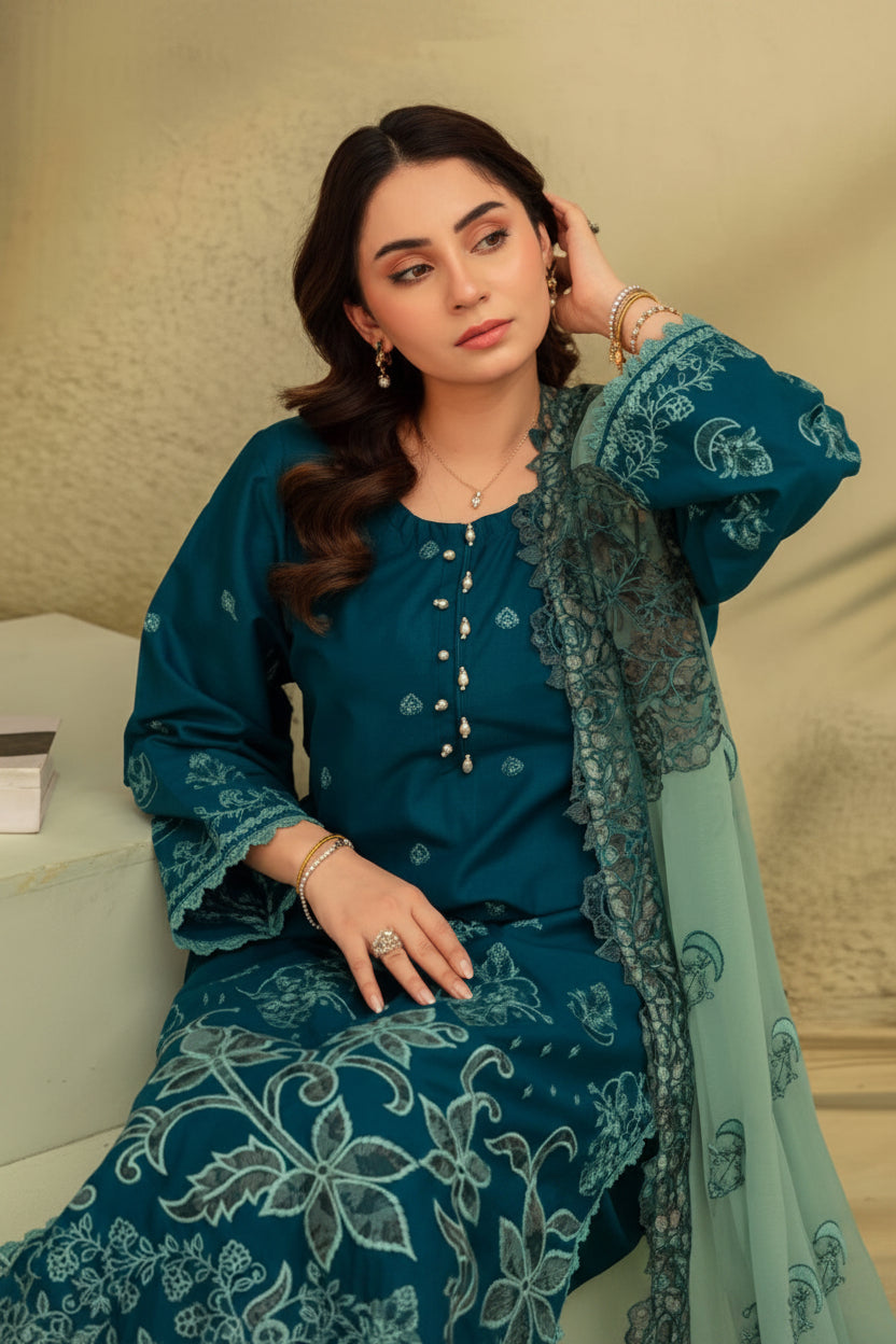 3-Piece Embroided Premium Lawn Suit With Embroided Chiffon CutWork Dupatta-M1
