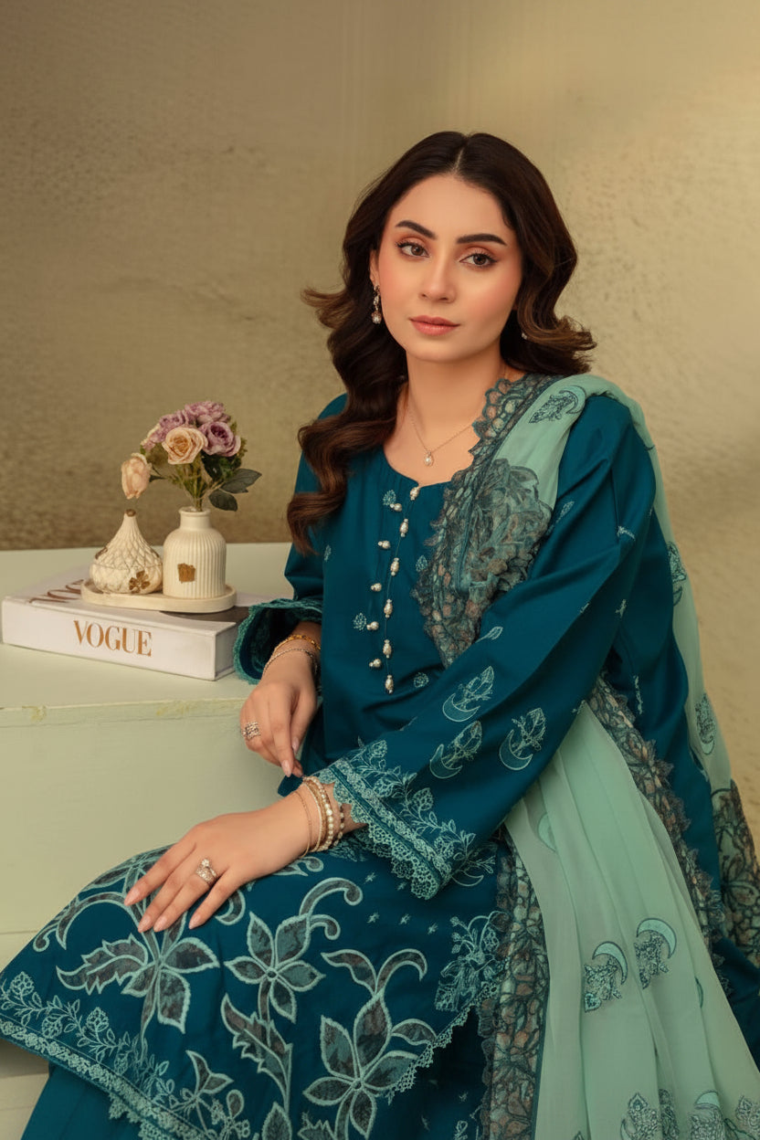 3-Piece Embroided Premium Lawn Suit With Embroided Chiffon CutWork Dupatta-M1