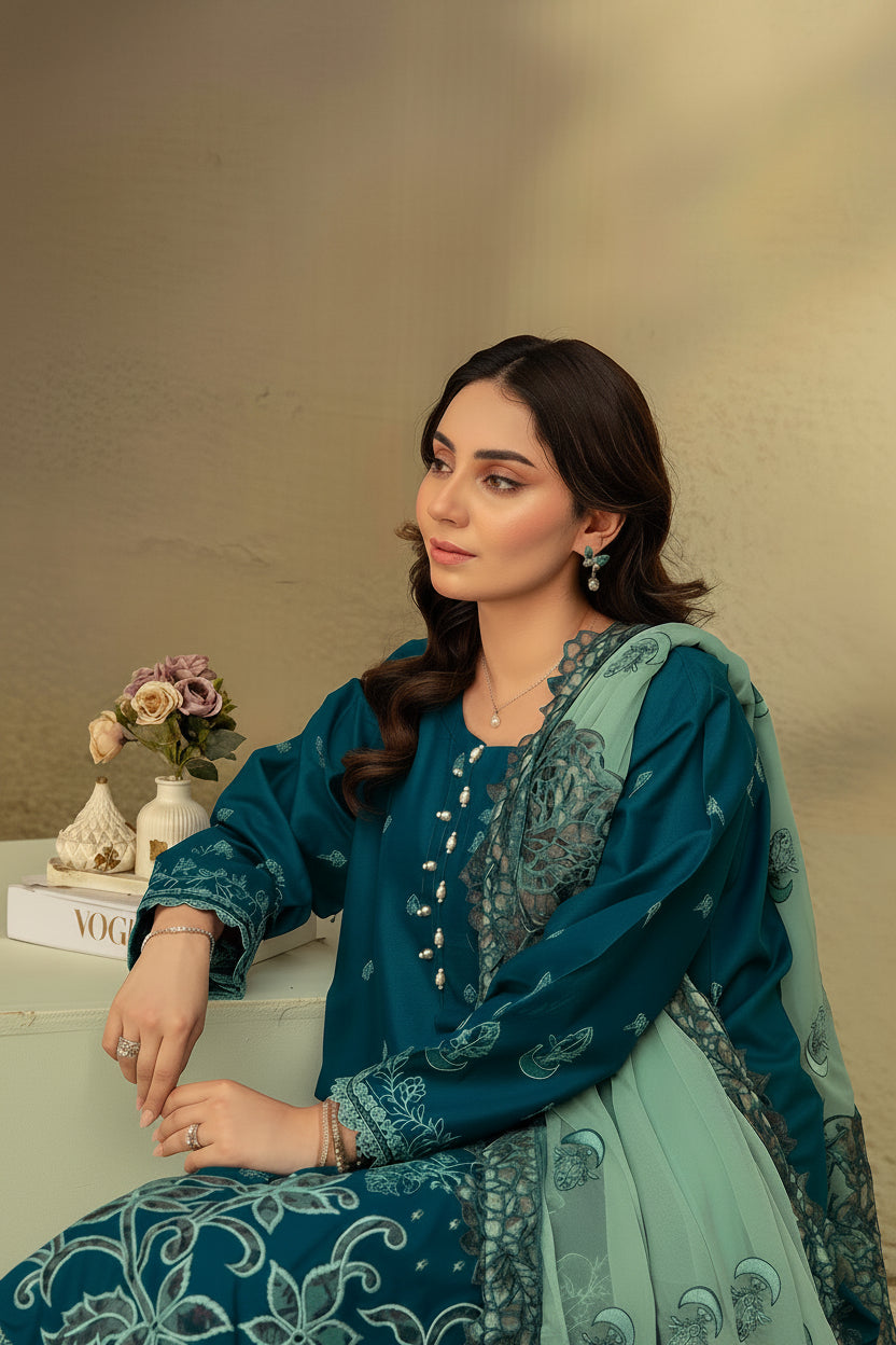 3-Piece Embroided Premium Lawn Suit With Embroided Chiffon CutWork Dupatta-M1
