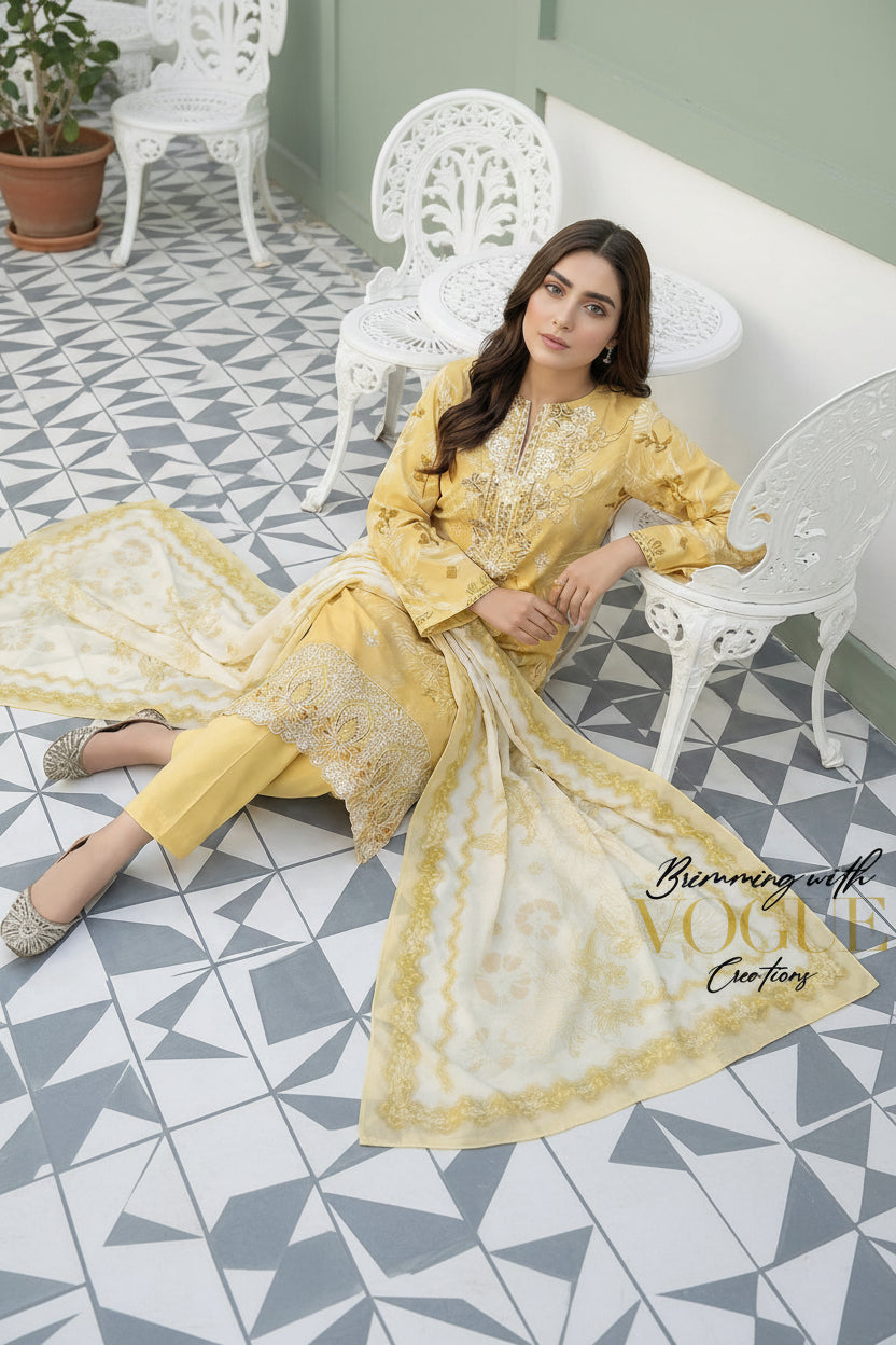 3-PIECE UNSTITCHED DIGITAL PRINTED AND EMBROIDED LAWN SUIT- V1