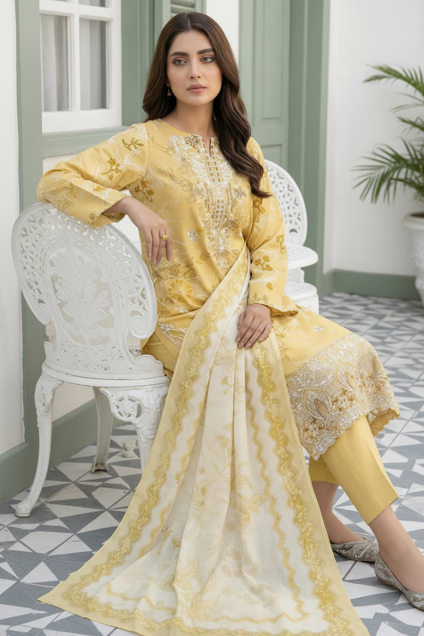 3-PIECE UNSTITCHED DIGITAL PRINTED AND EMBROIDED LAWN SUIT- V1