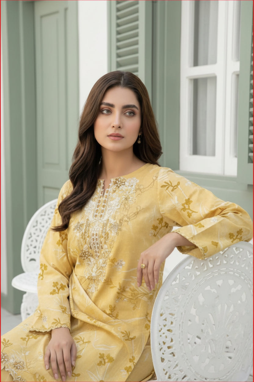 3-PIECE UNSTITCHED DIGITAL PRINTED AND EMBROIDED LAWN SUIT- V1