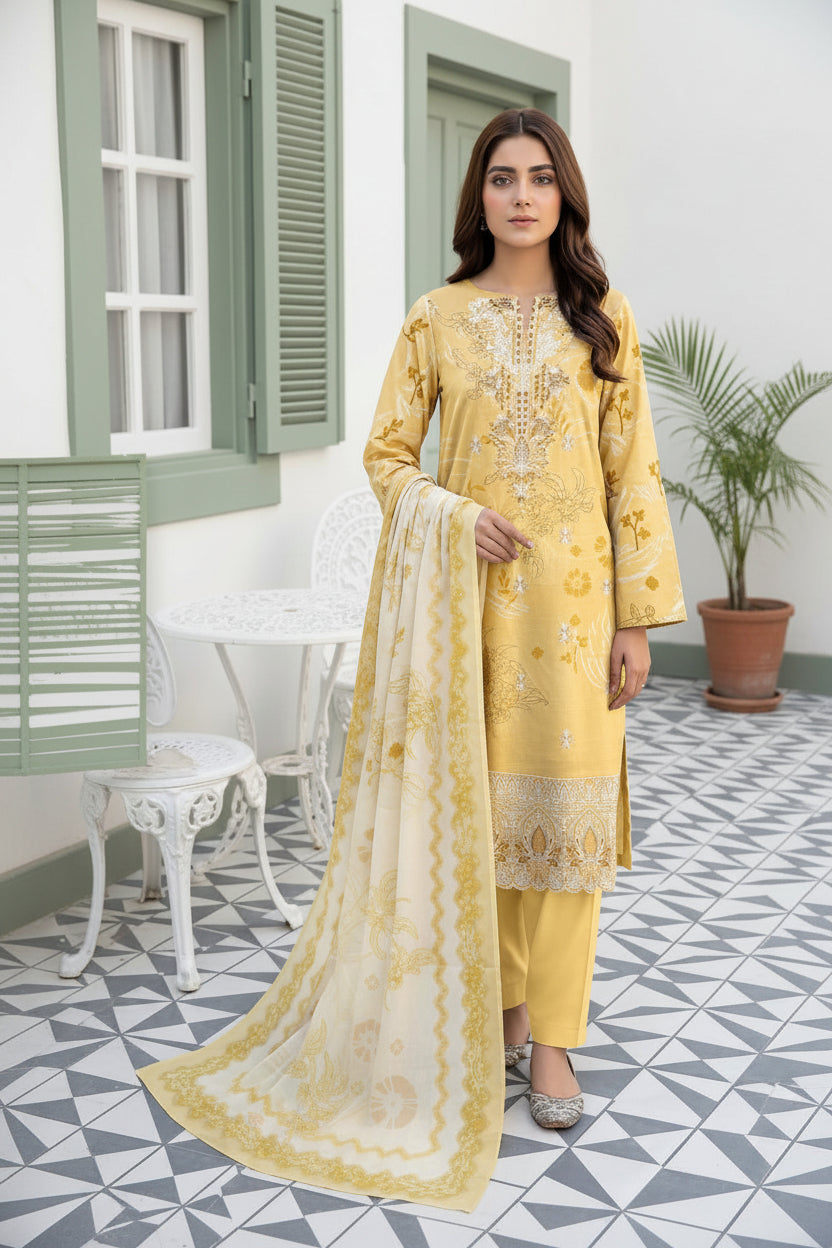 3-PIECE UNSTITCHED DIGITAL PRINTED AND EMBROIDED LAWN SUIT- V1