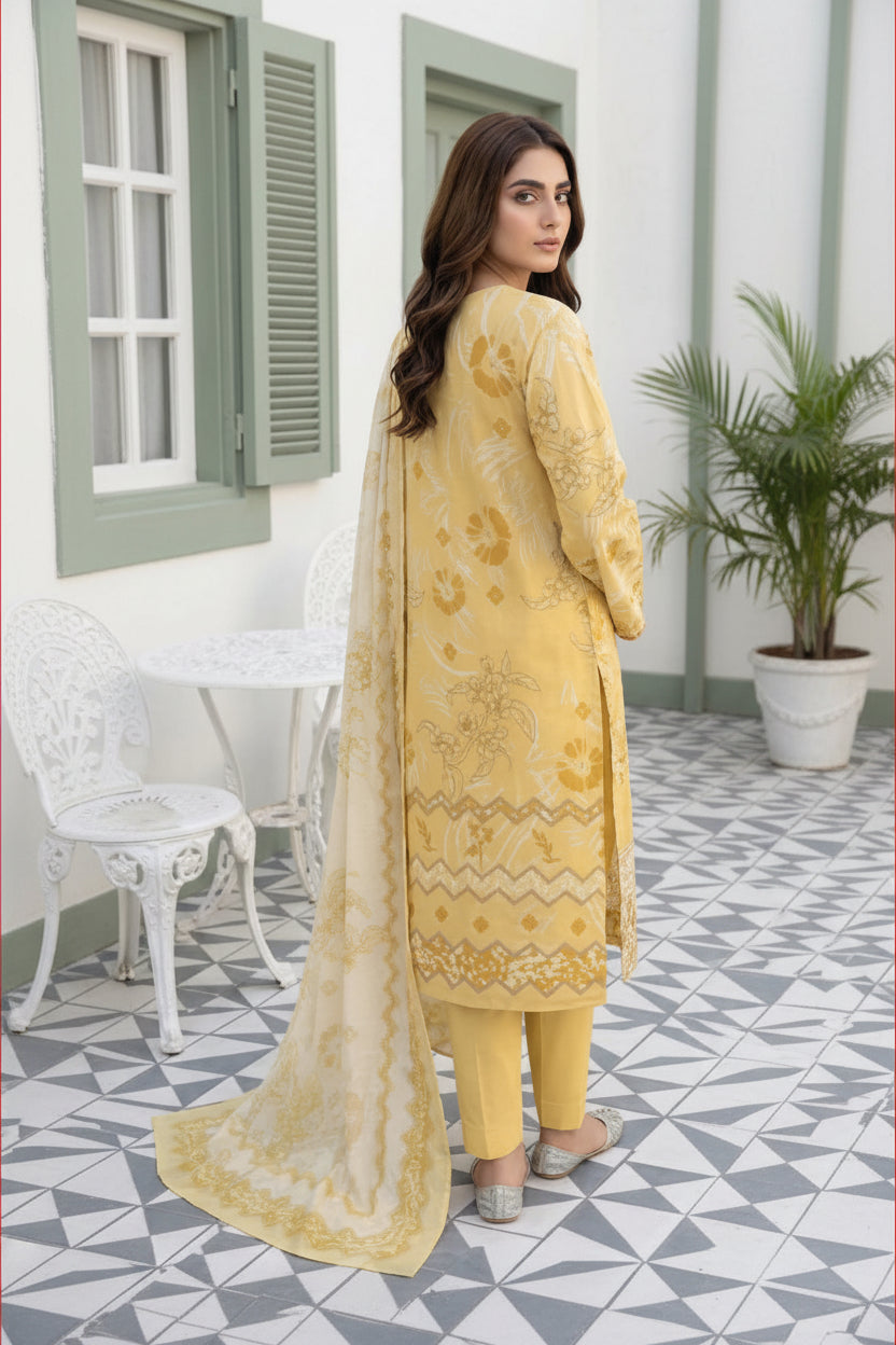 3-PIECE UNSTITCHED DIGITAL PRINTED AND EMBROIDED LAWN SUIT- V1