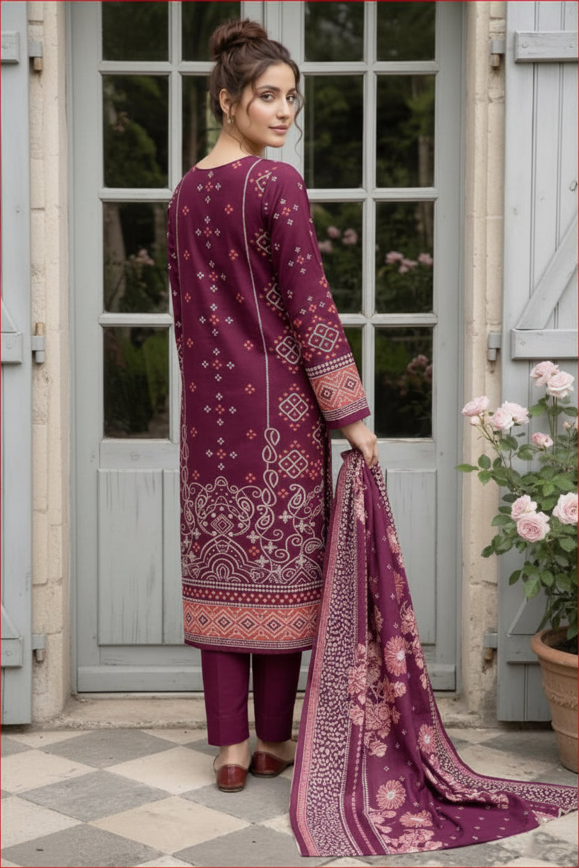3-PIECE UNSTITCHED PRINTED LAWN SUIT WITH CAMBRIC TROUSER- V1