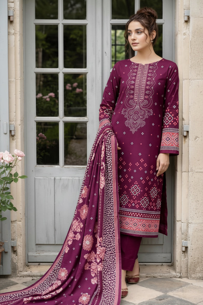 3-PIECE UNSTITCHED PRINTED LAWN SUIT WITH CAMBRIC TROUSER- V1