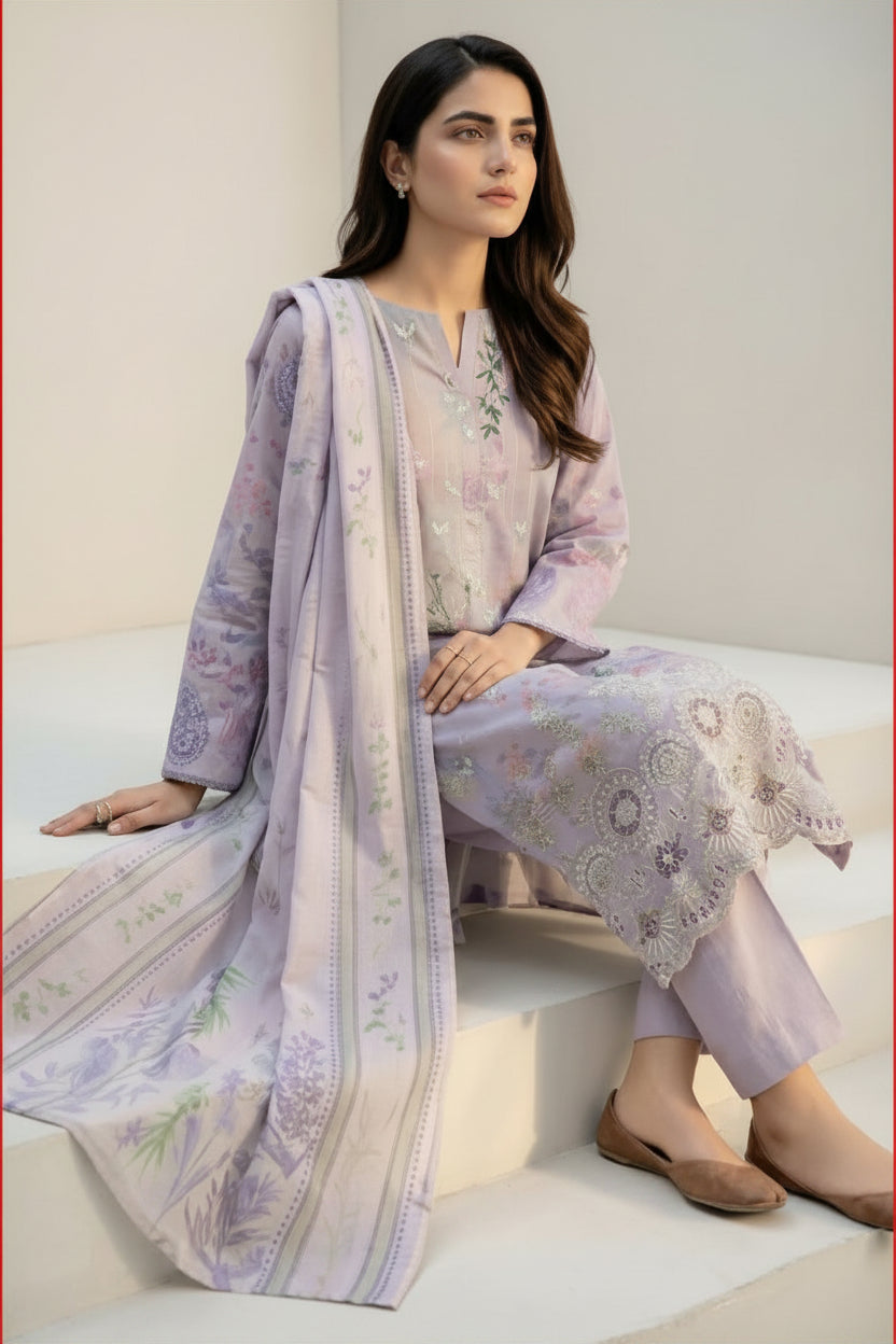 3-PIECE UNSTITCHED DIGITAL PRINTED AND EMBROIDED LAWN SUIT- V2