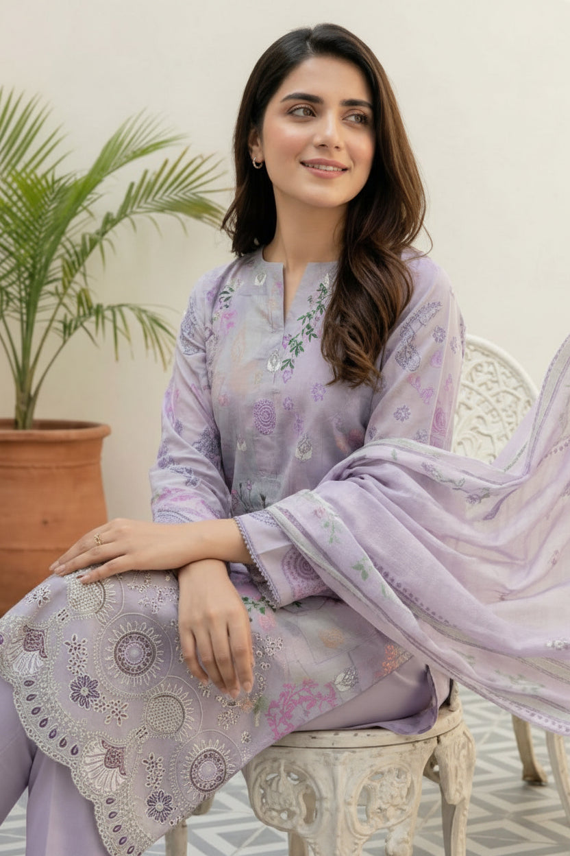 3-PIECE UNSTITCHED DIGITAL PRINTED AND EMBROIDED LAWN SUIT- V2