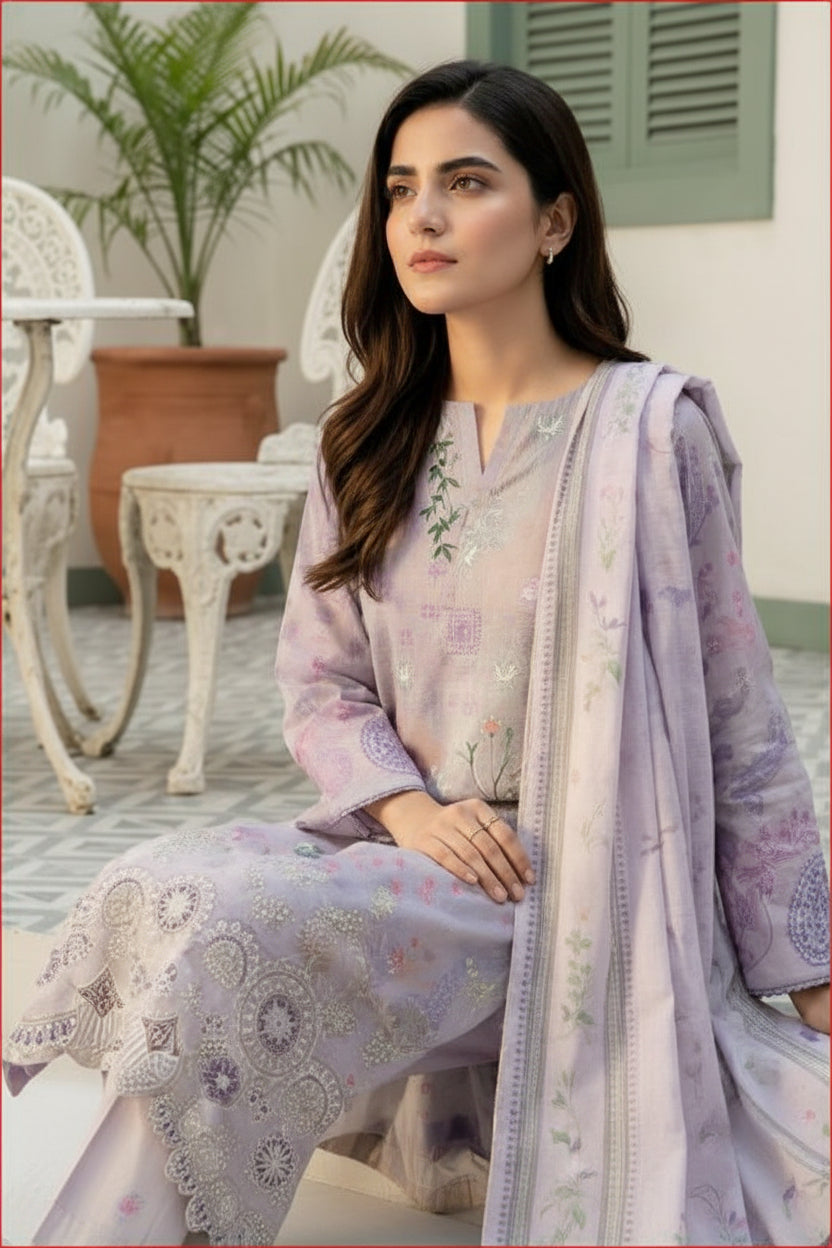 3-PIECE UNSTITCHED DIGITAL PRINTED AND EMBROIDED LAWN SUIT- V2