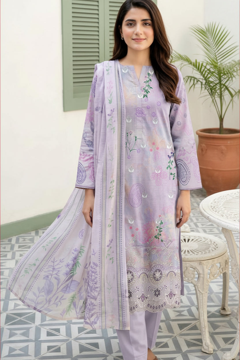 3-PIECE UNSTITCHED DIGITAL PRINTED AND EMBROIDED LAWN SUIT- V2