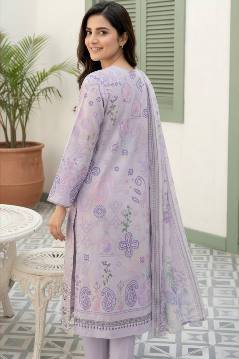 3-PIECE UNSTITCHED DIGITAL PRINTED AND EMBROIDED LAWN SUIT- V2