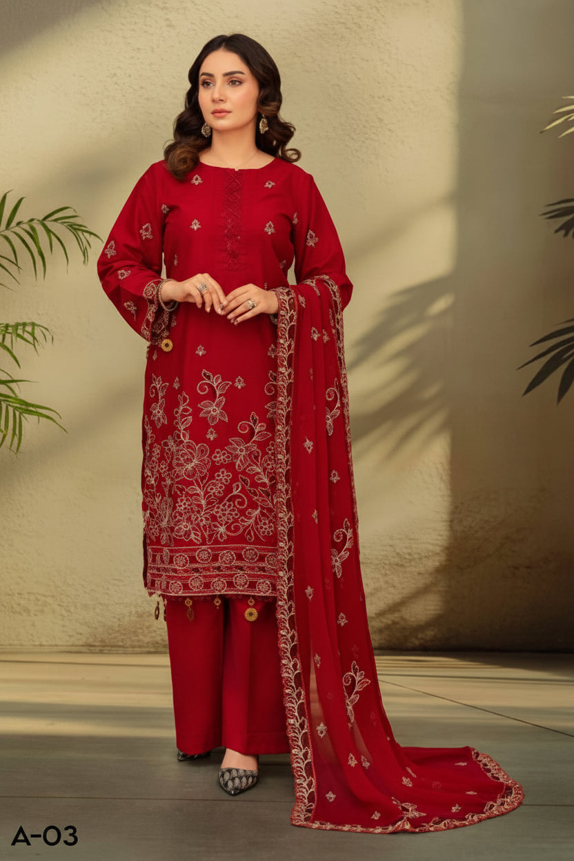 3-Piece Embroided Premium Lawn Suit With Embroided Chiffon CutWork Dupatta-M3