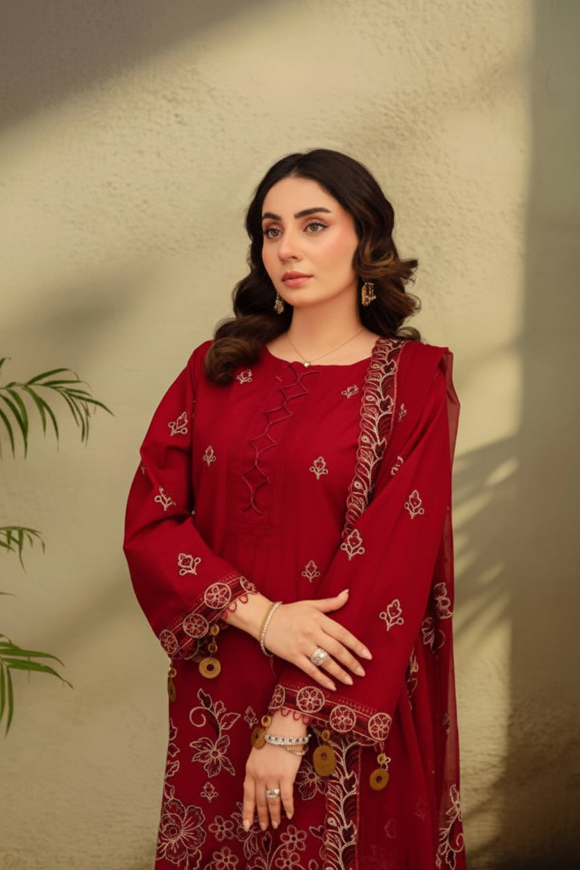 3-Piece Embroided Premium Lawn Suit With Embroided Chiffon CutWork Dupatta-M3