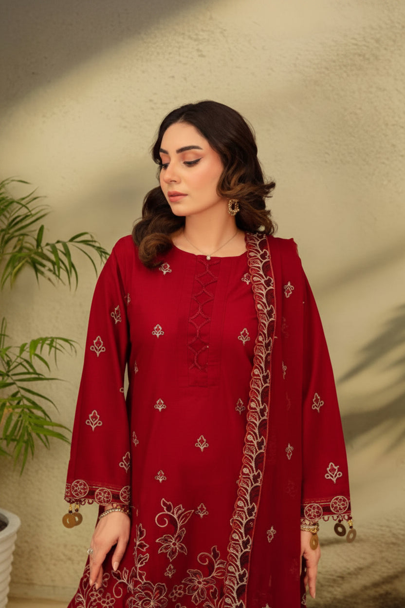 3-Piece Embroided Premium Lawn Suit With Embroided Chiffon CutWork Dupatta-M3