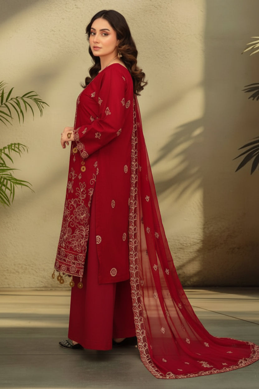 3-Piece Embroided Premium Lawn Suit With Embroided Chiffon CutWork Dupatta-M3