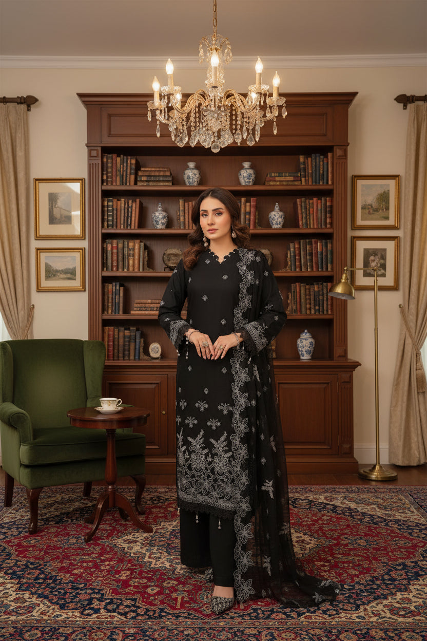 3-Piece Embroided Premium Lawn Suit With Embroided Chiffon CutWork Dupatta-M2