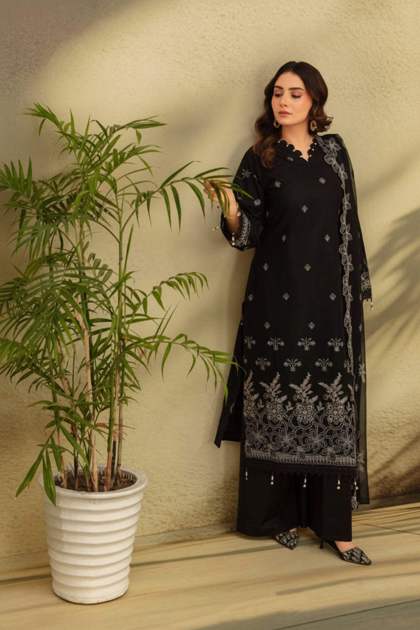 3-Piece Embroided Premium Lawn Suit With Embroided Chiffon CutWork Dupatta-M2