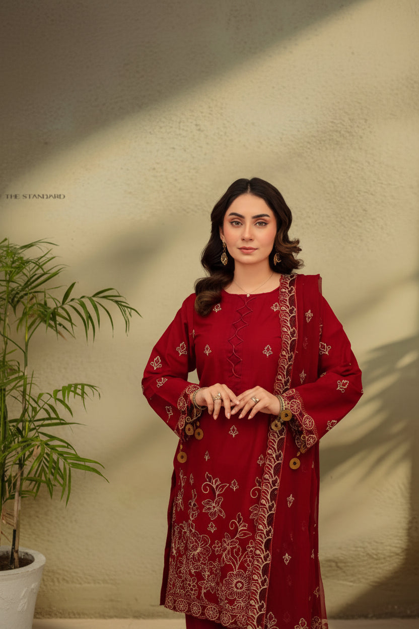 3-Piece Embroided Premium Lawn Suit With Embroided Chiffon CutWork Dupatta-M3