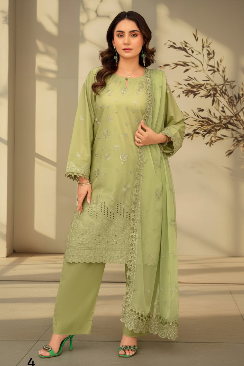 3-Piece Embroided Premium Lawn Suit With Embroided Chiffon CutWork Dupatta-M4