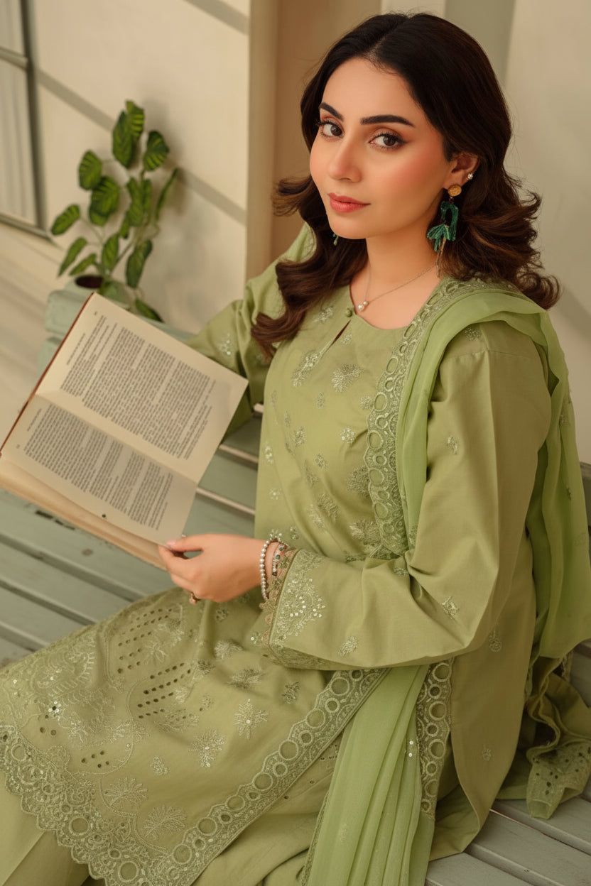 3-Piece Embroided Premium Lawn Suit With Embroided Chiffon CutWork Dupatta-M4