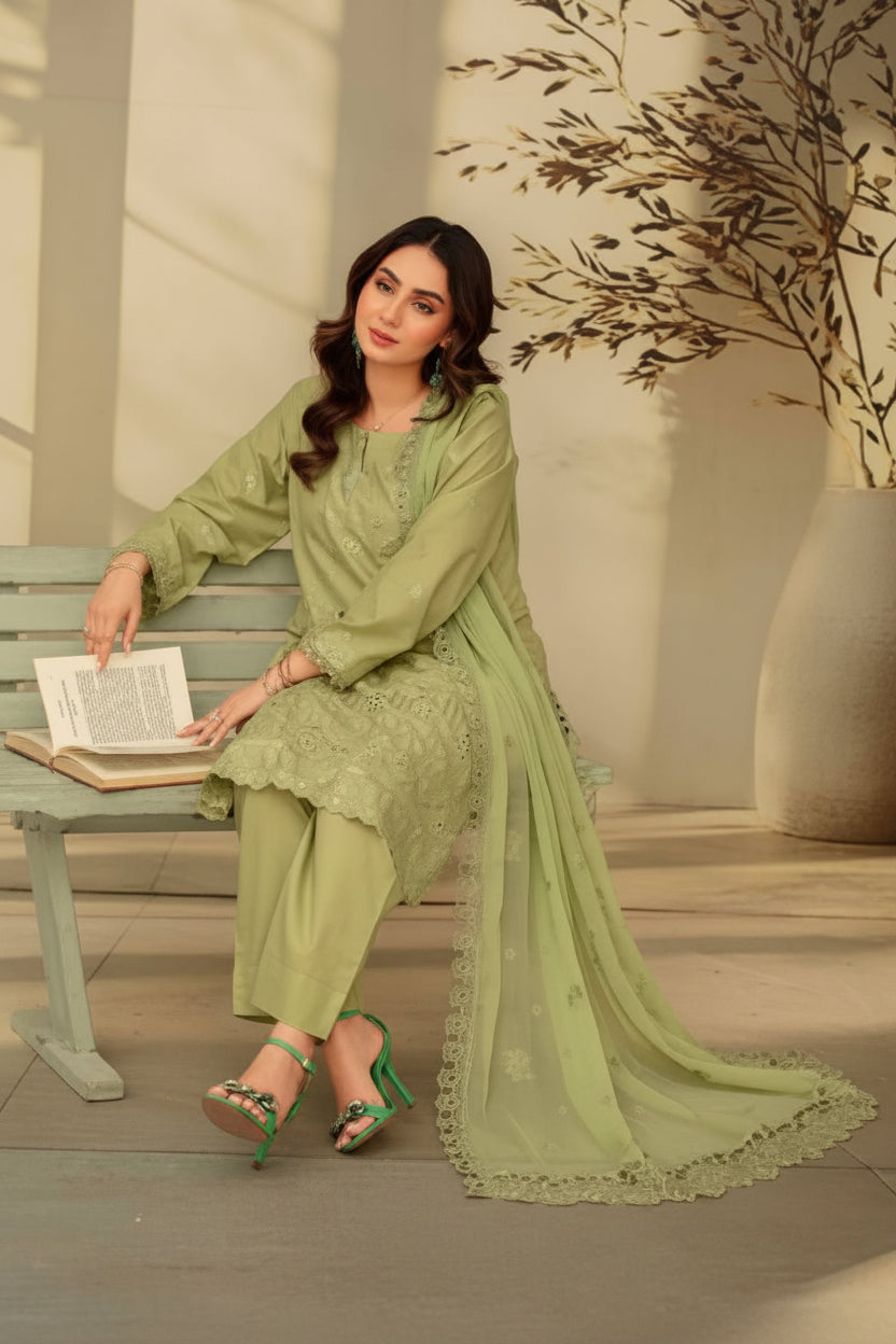 3-Piece Embroided Premium Lawn Suit With Embroided Chiffon CutWork Dupatta-M4