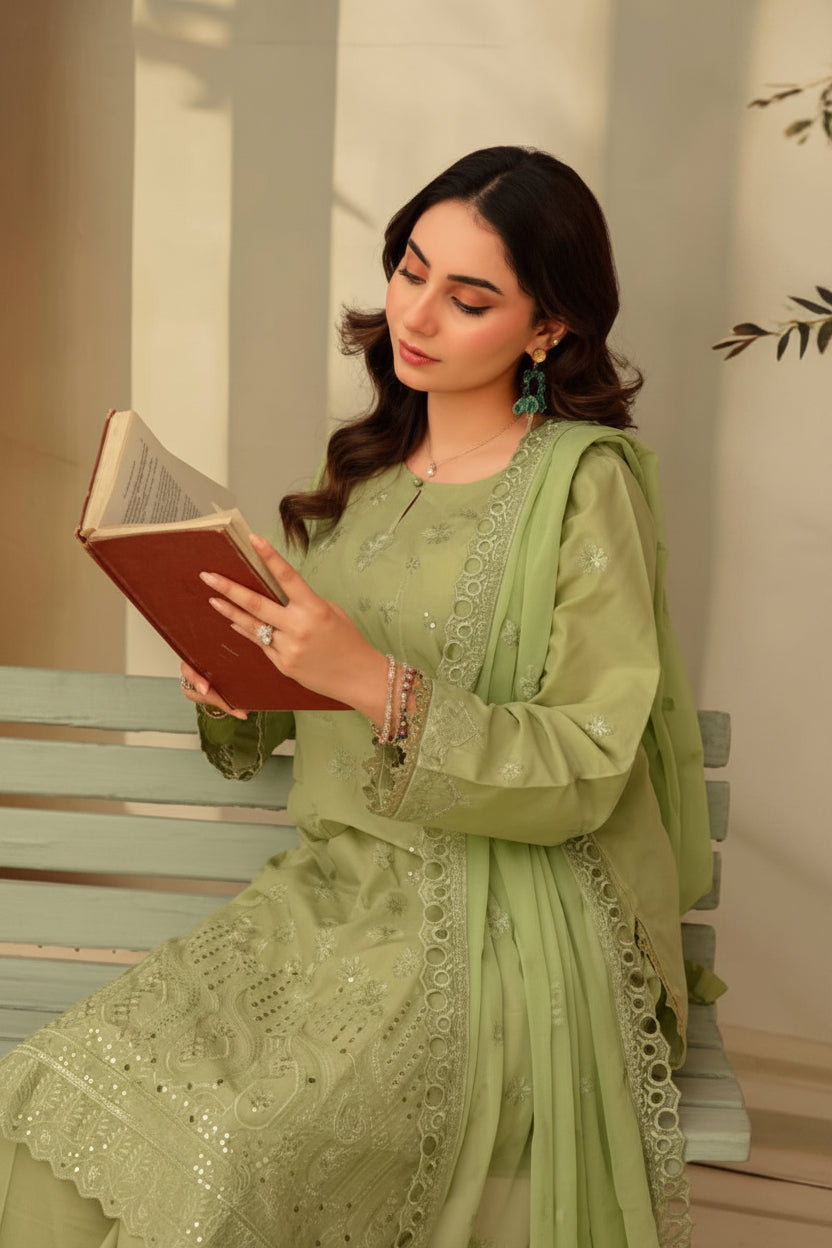 3-Piece Embroided Premium Lawn Suit With Embroided Chiffon CutWork Dupatta-M4