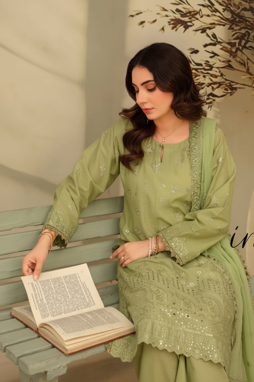 3-Piece Embroided Premium Lawn Suit With Embroided Chiffon CutWork Dupatta-M4