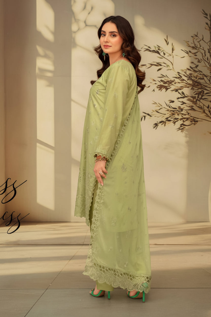 3-Piece Embroided Premium Lawn Suit With Embroided Chiffon CutWork Dupatta-M4