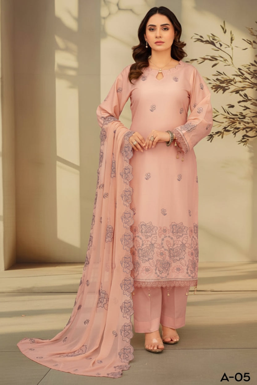3-Piece Embroided Premium Lawn Suit With Embroided Chiffon CutWork Dupatta-M5