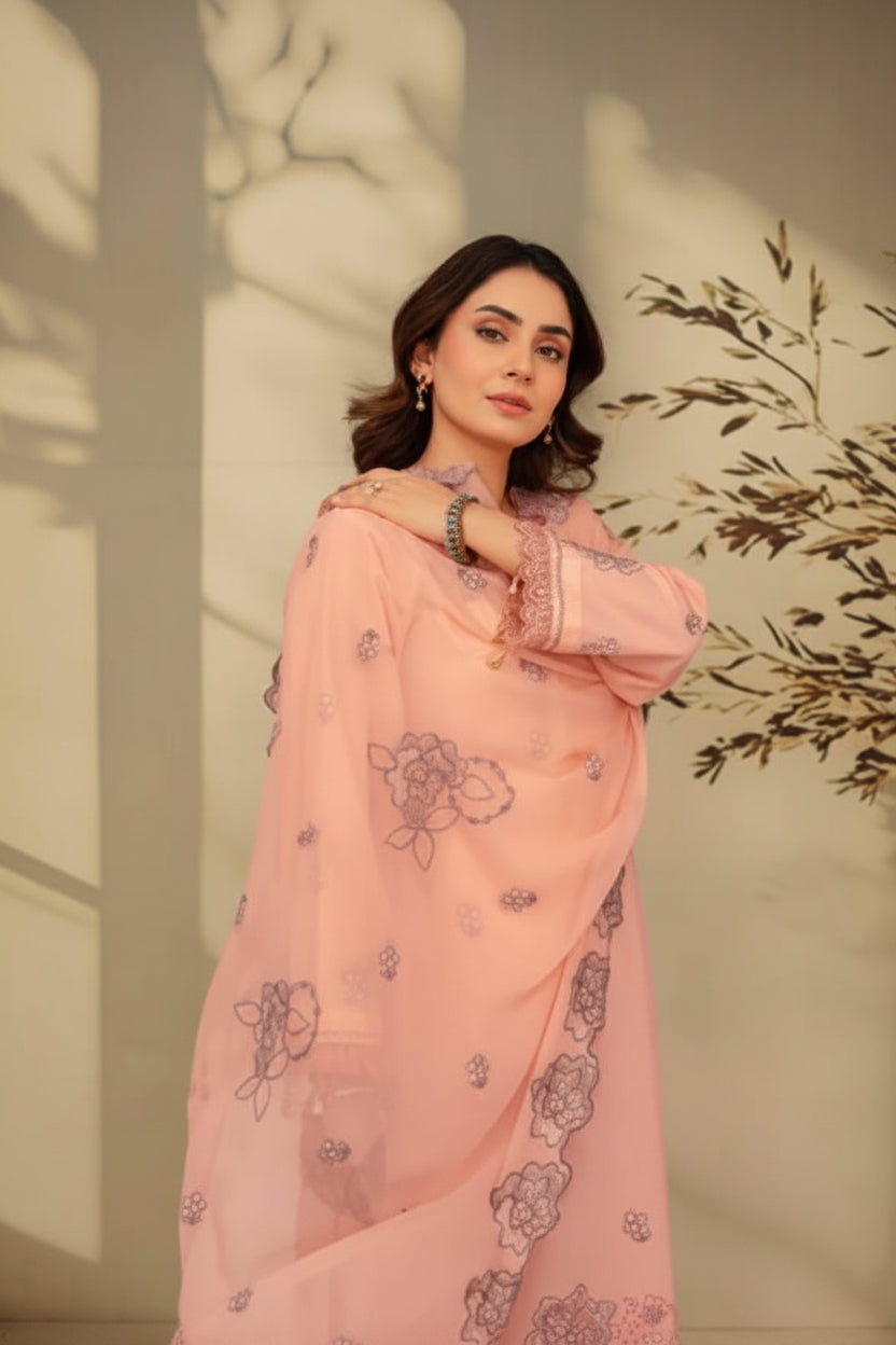3-Piece Embroided Premium Lawn Suit With Embroided Chiffon CutWork Dupatta-M5