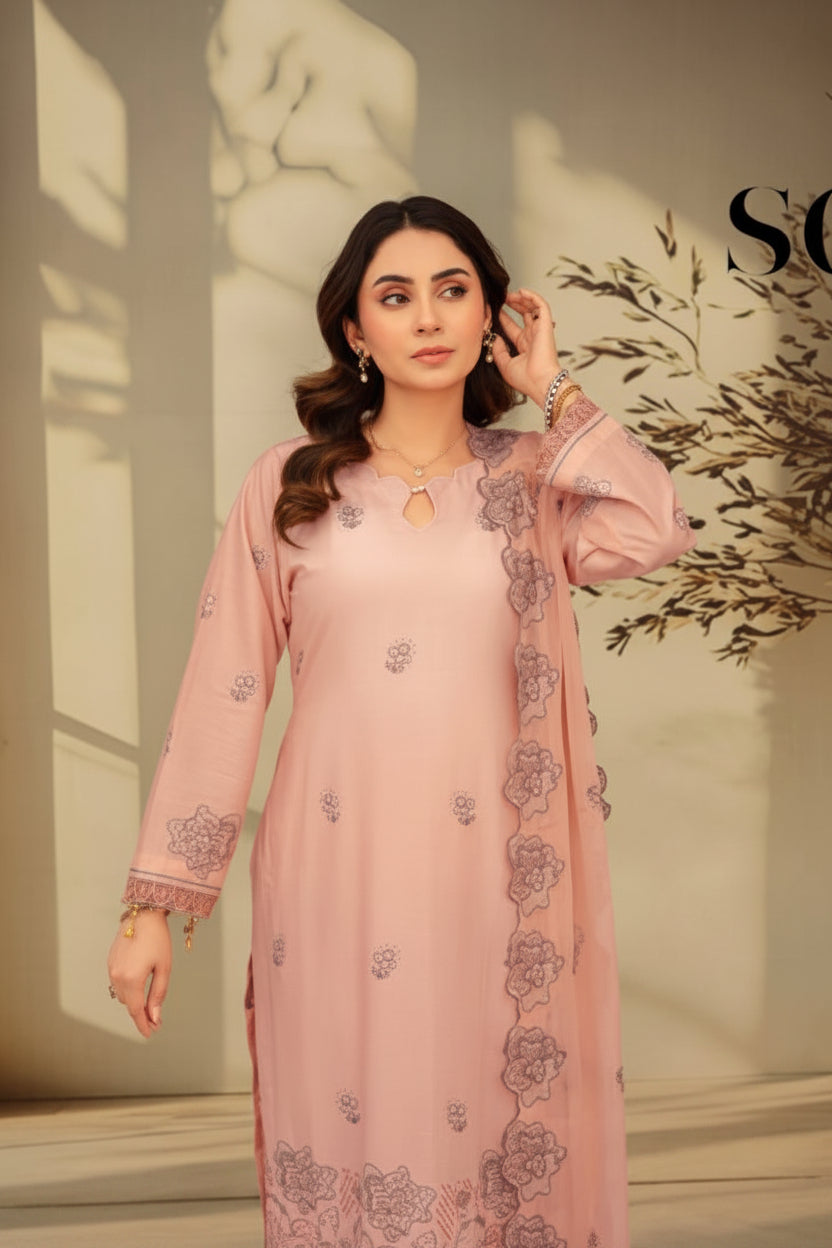 3-Piece Embroided Premium Lawn Suit With Embroided Chiffon CutWork Dupatta-M5