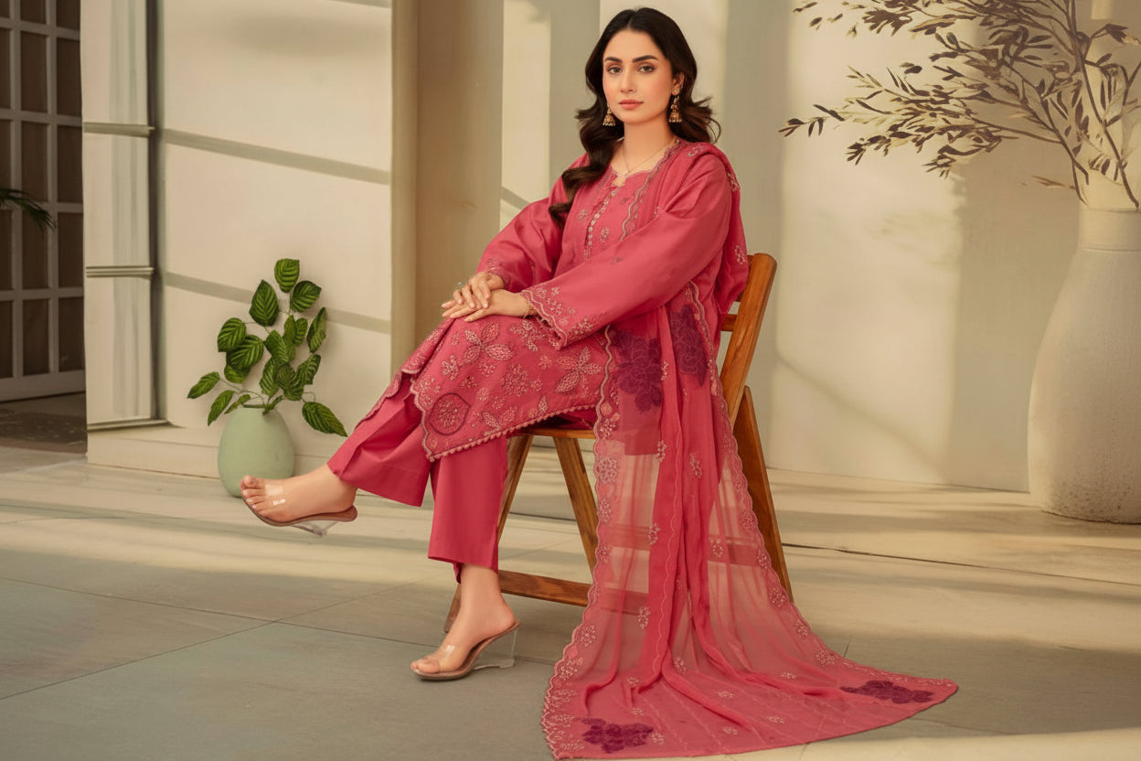 3-Piece Embroided Premium Lawn Suit With Embroided Chiffon CutWork Dupatta-M8