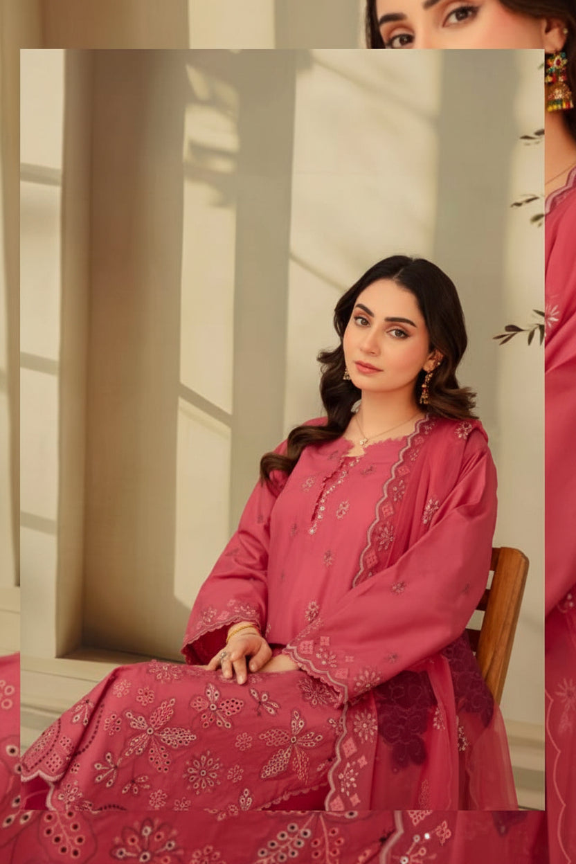 3-Piece Embroided Premium Lawn Suit With Embroided Chiffon CutWork Dupatta-M8