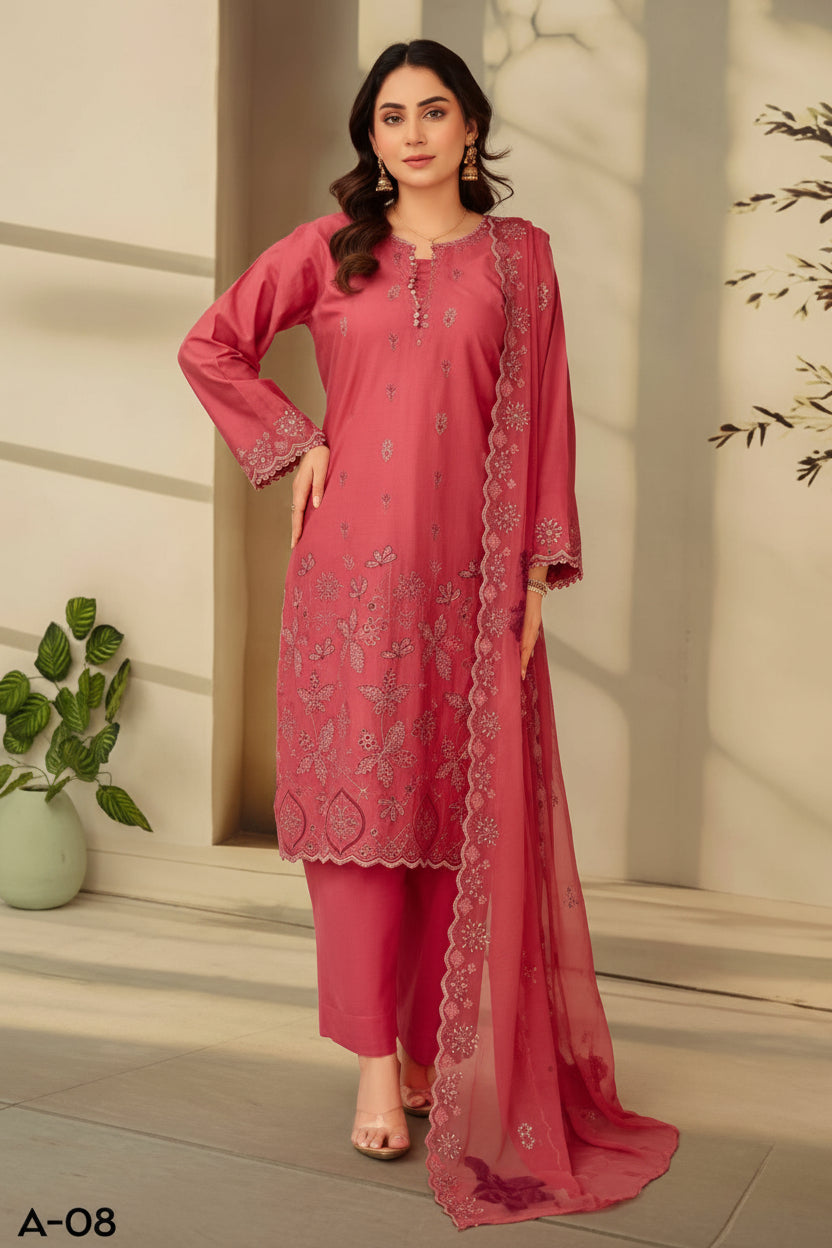 3-Piece Embroided Premium Lawn Suit With Embroided Chiffon CutWork Dupatta-M8