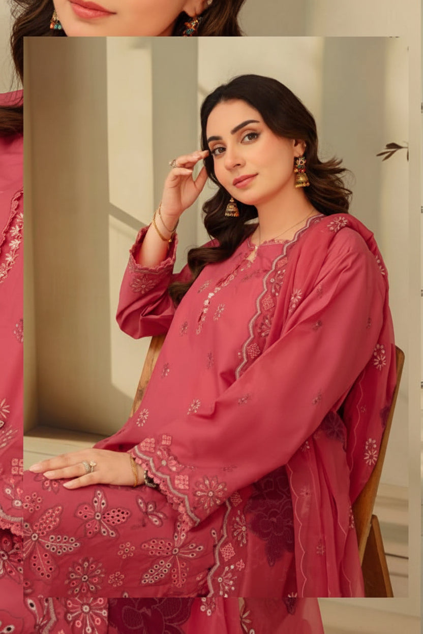 3-Piece Embroided Premium Lawn Suit With Embroided Chiffon CutWork Dupatta-M8