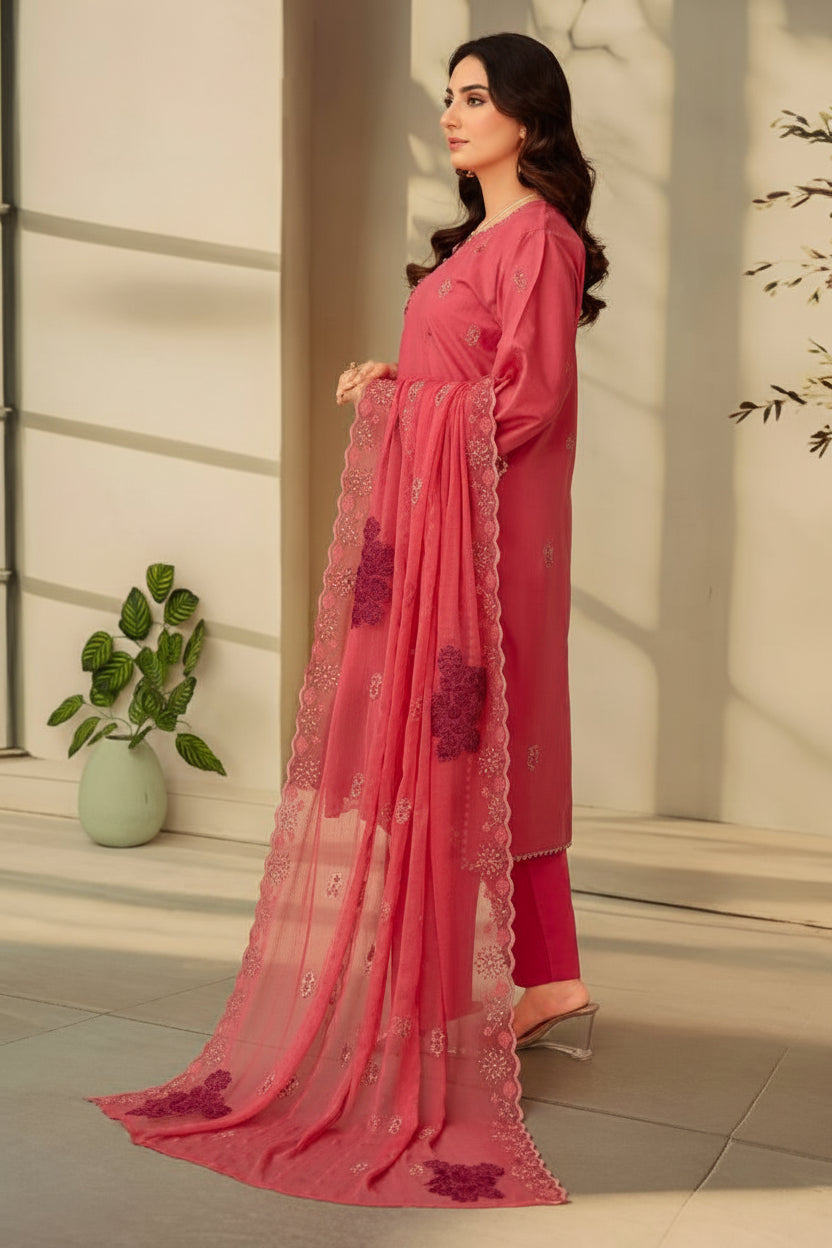 3-Piece Embroided Premium Lawn Suit With Embroided Chiffon CutWork Dupatta-M8