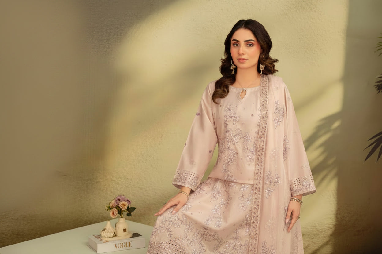 3-Piece Embroided Premium Lawn Suit With Embroided Chiffon CutWork Dupatta-M7