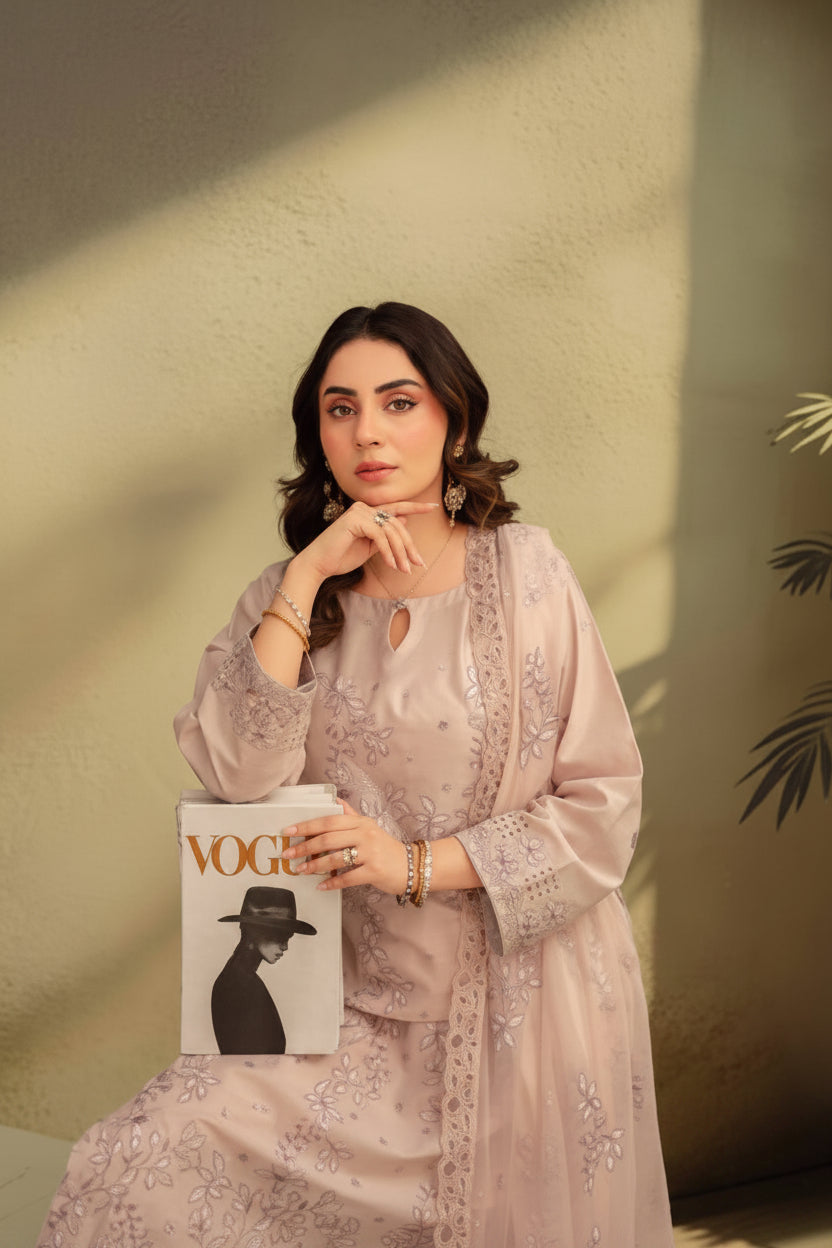 3-Piece Embroided Premium Lawn Suit With Embroided Chiffon CutWork Dupatta-M7