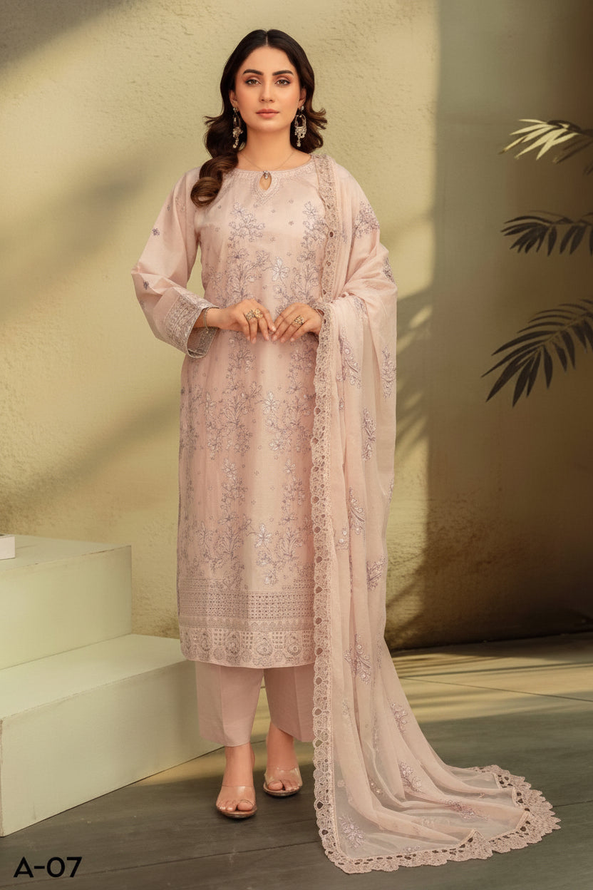 3-Piece Embroided Premium Lawn Suit With Embroided Chiffon CutWork Dupatta-M7