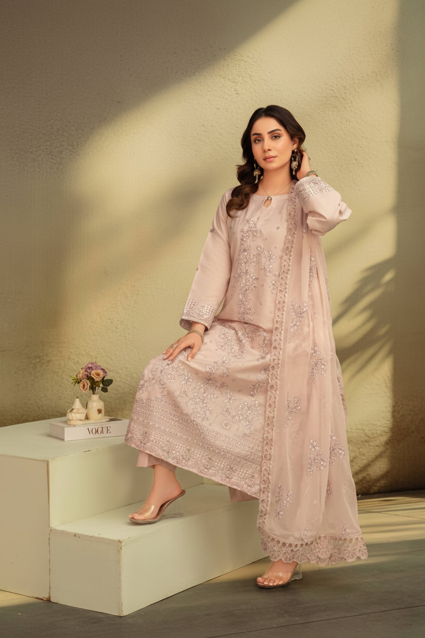 3-Piece Embroided Premium Lawn Suit With Embroided Chiffon CutWork Dupatta-M7