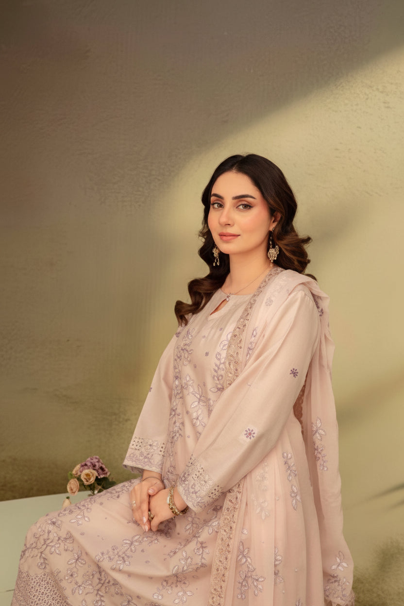 3-Piece Embroided Premium Lawn Suit With Embroided Chiffon CutWork Dupatta-M7