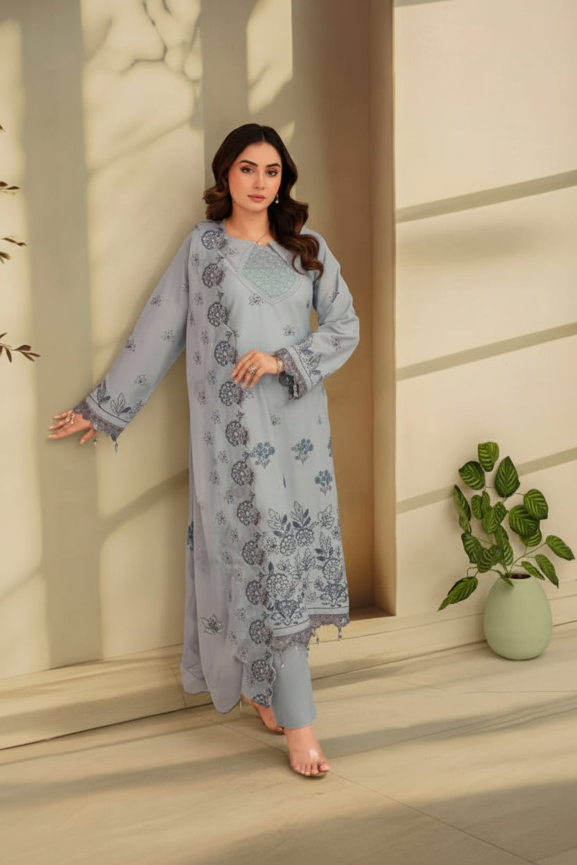 3-Piece Embroided Premium Lawn Suit With Embroided Chiffon CutWork Dupatta-M6