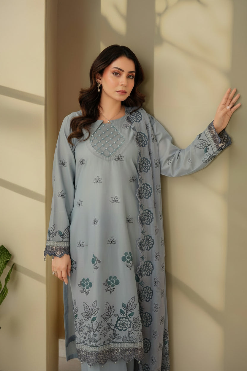 3-Piece Embroided Premium Lawn Suit With Embroided Chiffon CutWork Dupatta-M6