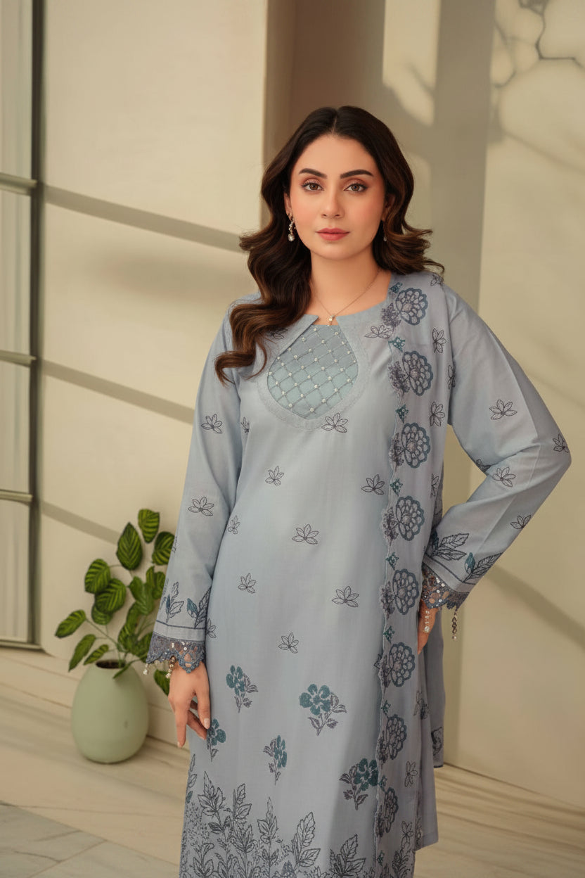 3-Piece Embroided Premium Lawn Suit With Embroided Chiffon CutWork Dupatta-M6
