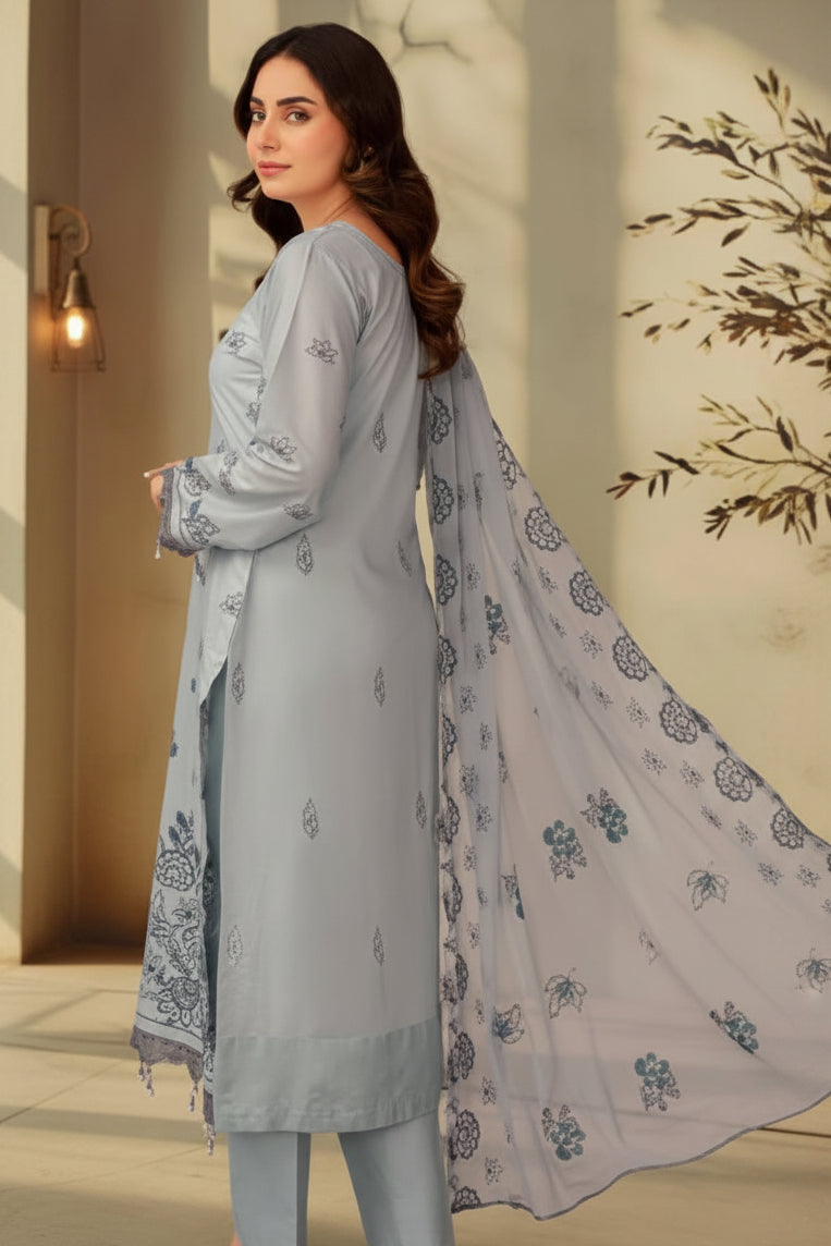 3-Piece Embroided Premium Lawn Suit With Embroided Chiffon CutWork Dupatta-M6