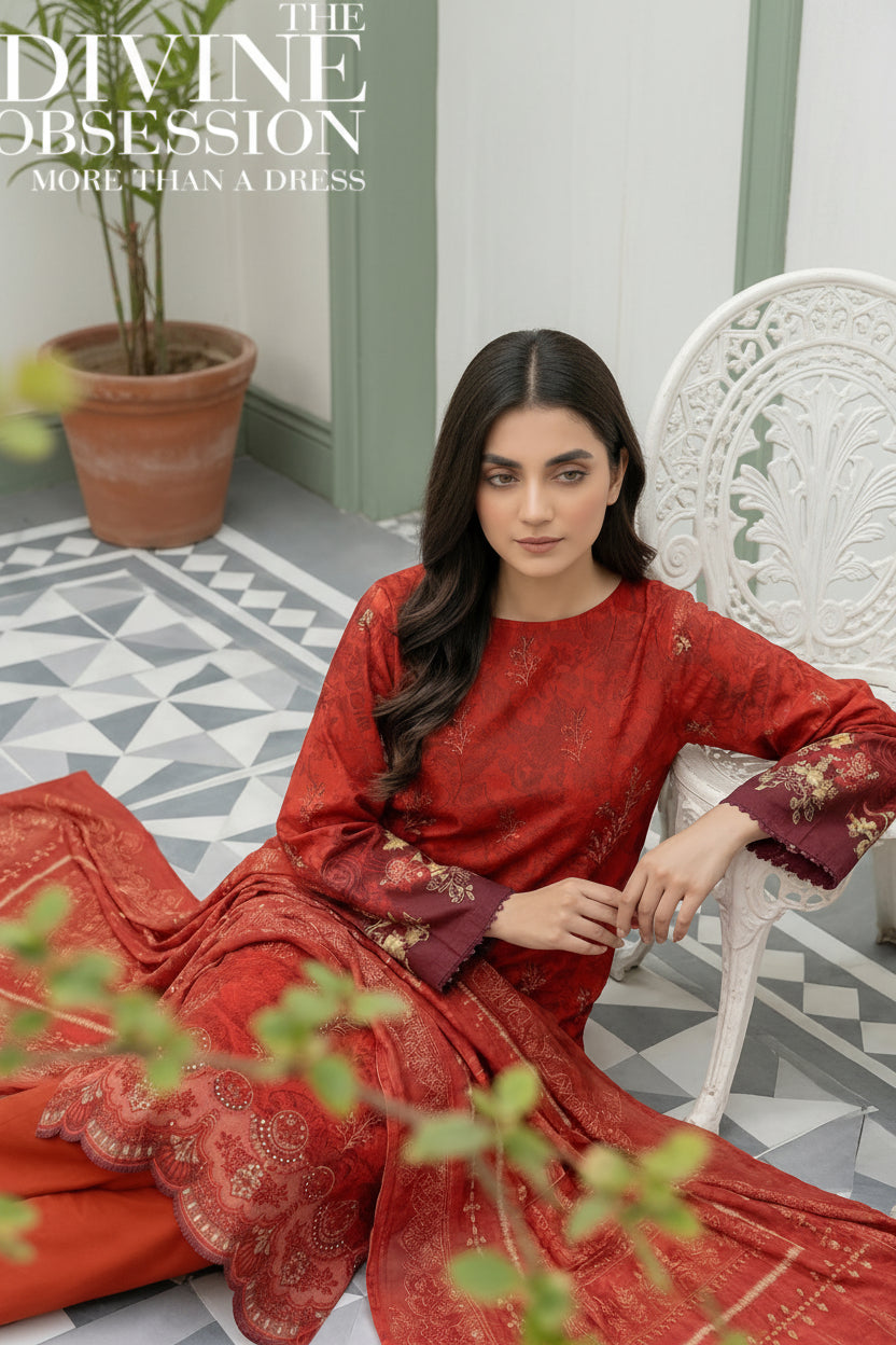 3-PIECE UNSTITCHED DIGITAL PRINTED AND EMBROIDED LAWN SUIT- V3