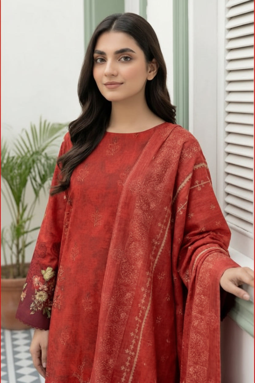 3-PIECE UNSTITCHED DIGITAL PRINTED AND EMBROIDED LAWN SUIT- V3